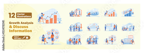 Office workers illustrations analyzing data developments and discussing information. mega set.