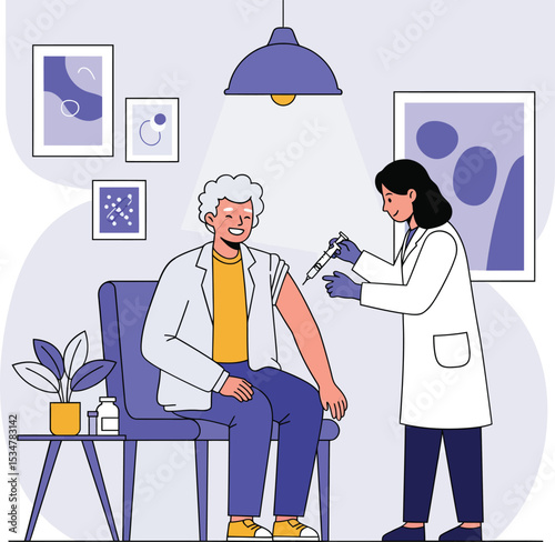 Senior person receiving vaccination injection from healthcare professional in modern clinic vector illustration 