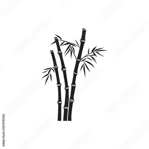 Black and White Bamboo Stalks with Leaves Design Illustration on Isolated White Background