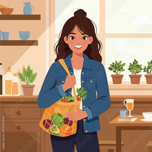 Woman carrying reusable grocery bag with fresh vegetables in kitchen interior vector illustration 