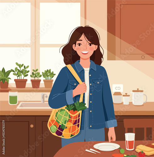 Woman carrying reusable bag with fresh vegetables in kitchen natural light healthy lifestyle vector illustration 