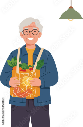 Elderly person holding grocery bag with fresh vegetables and fruits in cozy indoor setting vector illustration 