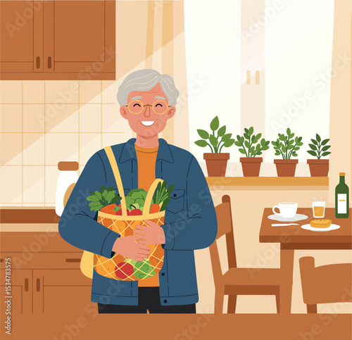 Elderly person holding reusable bag with fresh groceries in kitchen interior with wooden furniture and potted plants 