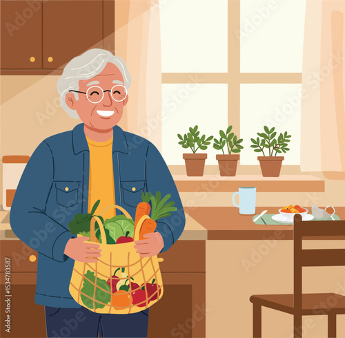 Elderly person carrying grocery bag with fresh vegetables in kitchen interior scene indoors natural light 