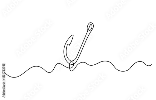Fishing hook continuous one line drawing illustration. Hook fisherman's equipment icon. Continuous one line fishing hook icon concept.