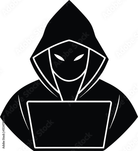 Dark hooded figure with a laptop, Silhouette  embodying anonymity and digital threat