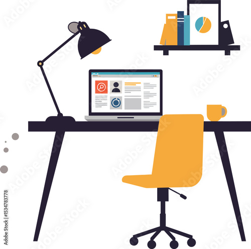 Modern office workspace with laptop, desk lamp, yellow chair, and shelf accessories in flat vector style 
