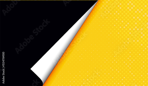 Dynamic Black and Yellow Page Curl Background with Halftone Dots for Versatile Design Applications and Creative Presentation Templates
