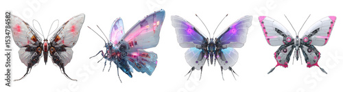 Collection of PNG. Futuristic cyberpunk butterfly with mechanical wings, neon highlights, isolated on a transparency background.