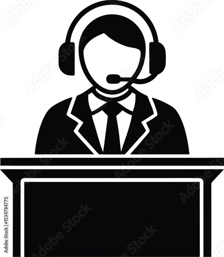 Customer service representative wearing headset Silhouette sitting behind reception desk icon