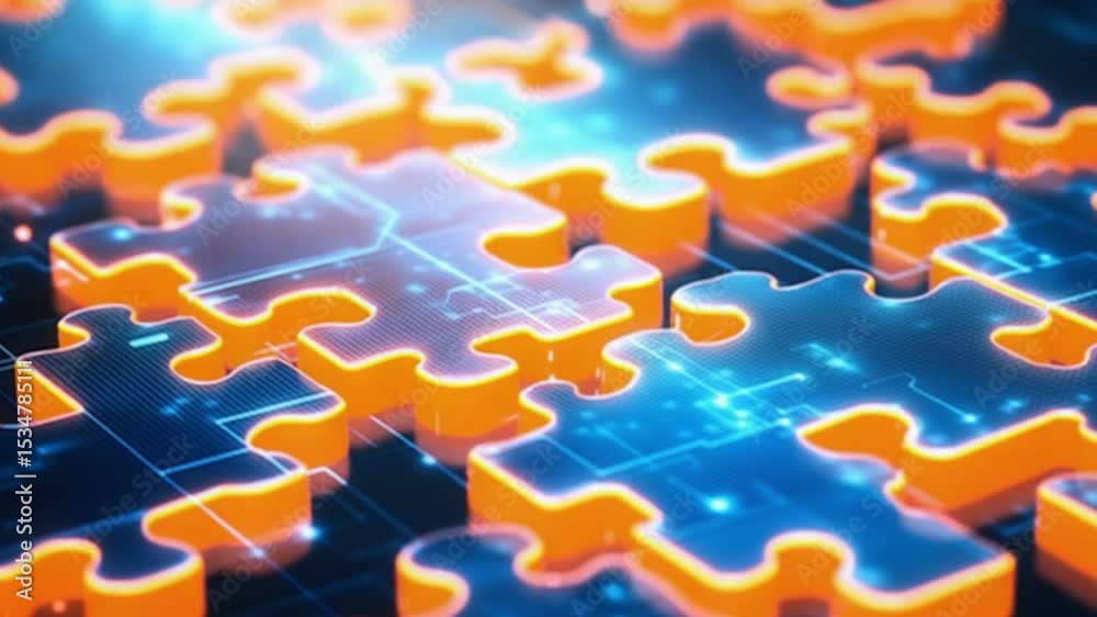 Digital puzzle pieces interlocking seamlessly, glowing against a futuristic blue abstract background, symbolizing the concept of API integration and seamless connectivity