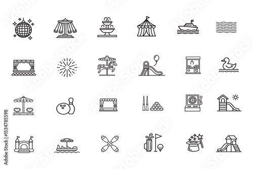 Set of Entertainment Icons in Adjustable Line Style Featuring Bowling Cinema Theater Circus Arcade Carousel Playground Pool Magic Amusement Park Leisure and Fun Activities