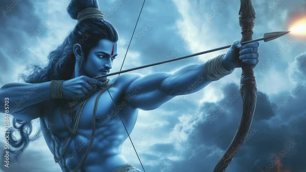 Video Stock Lord Rama, depicted with a radiant blue body, long flowing ...