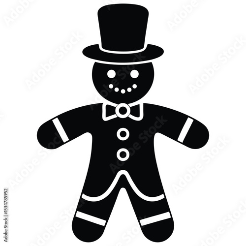 Black and white illustration of a gingerbread man character with a hat and bow tie.