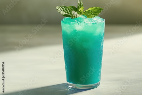 Vibrant turquoise cocktail garnished with fresh mint.