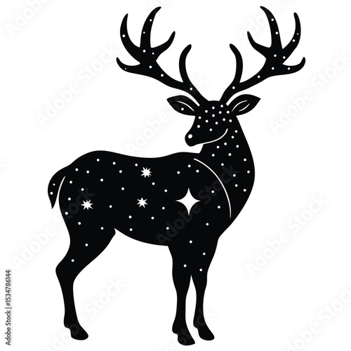 Black silhouette celestial deer vector illustration with stars and magical antlers on white background
