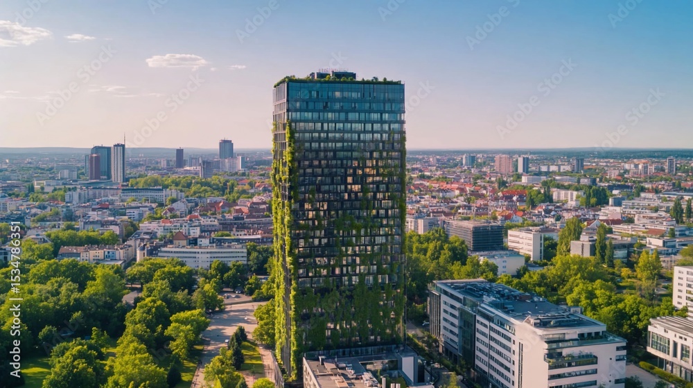 Fototapeta premium Green Oasis High-Rise, A Vertical Garden Building in the Cityscape Scenery