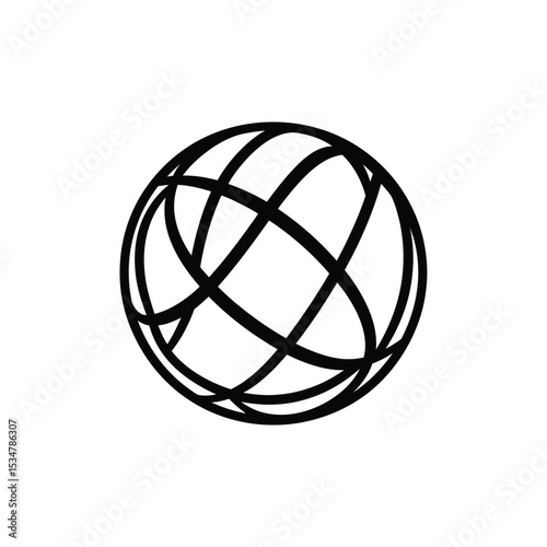Black and White Globe Icon Spherical Design with Curved Lines for Global Concepts