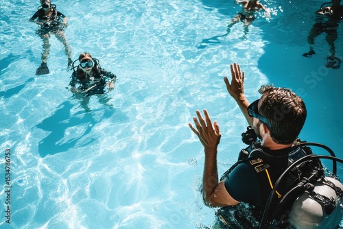 Group of Divers in Pool Engaged in Underwater Training Session