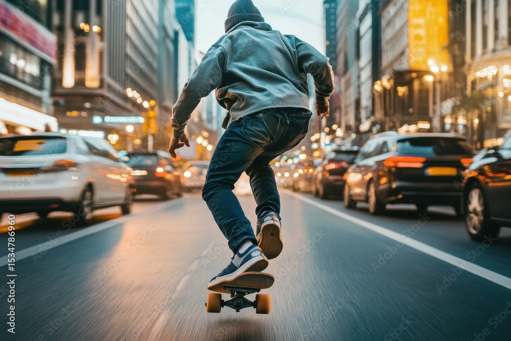 Obraz premium Skater Riding Through Busy City Streets at Rush Hour
