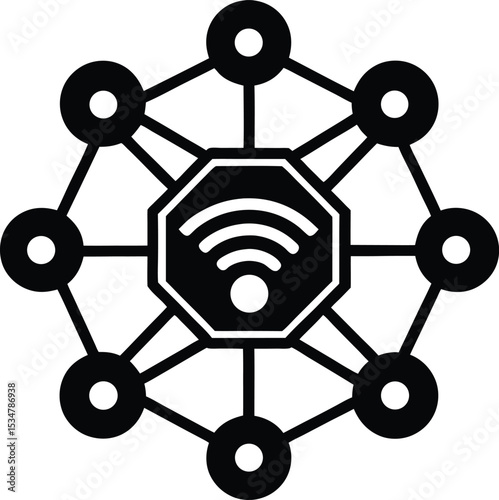 Black and white network connectivity Silhouette diagram with central wireless octagon icon