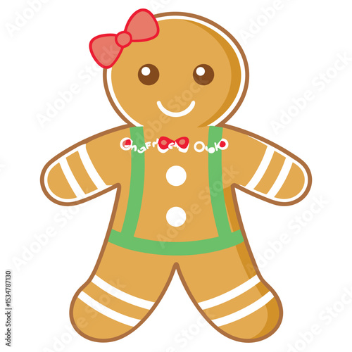 Cute and festive gingerbread man character with bow and green suspenders