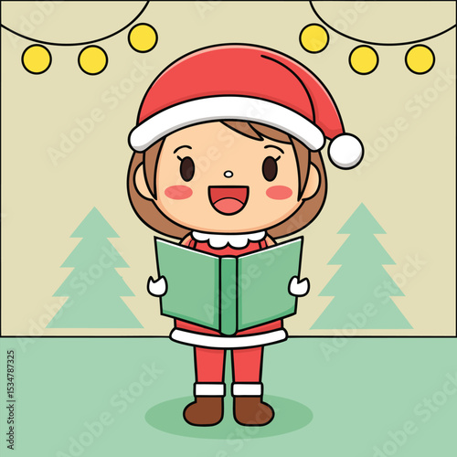Cute cartoon girl singing christmas carols with festive santa claus attire
