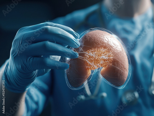 Medical professional holds 3D model of liver cells regenerating, showcasing advanced technology