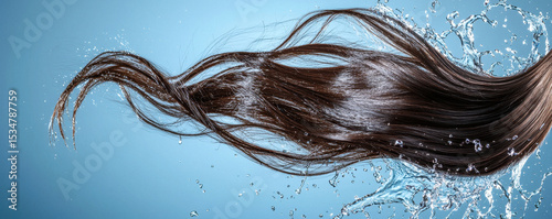 Dynamic splash of water enveloping long silky hair, creating captivating visual effect