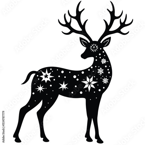 Elegant black silhouette of a reindeer decorated with winter snowflake ornaments