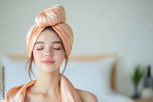 Serene woman with silk head wrap, enjoying moment of relaxation in cozy bedroom