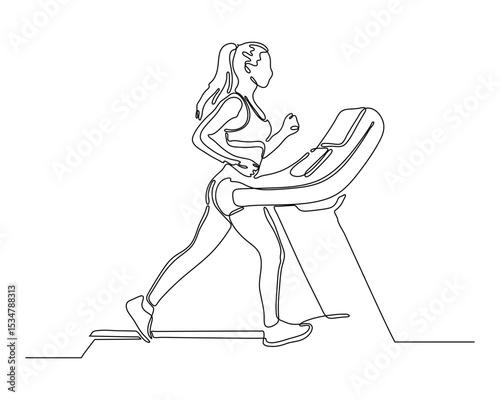 Continuous Line Drawing of a Woman Running on Treadmill. Fitness Training, Cardio Exercise, Healthy Lifestyle. Minimalist Black and White Illustration.
