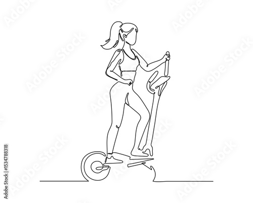 A Minimalist Line Drawing Depicts a Woman Exercising an an Elliptical Machine. The Artwork Is Clean and Emphasizes The Form and Motion of The Figure.