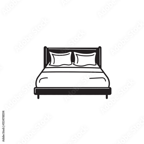 Black and White Illustration of a Double Bed with Two Pillows