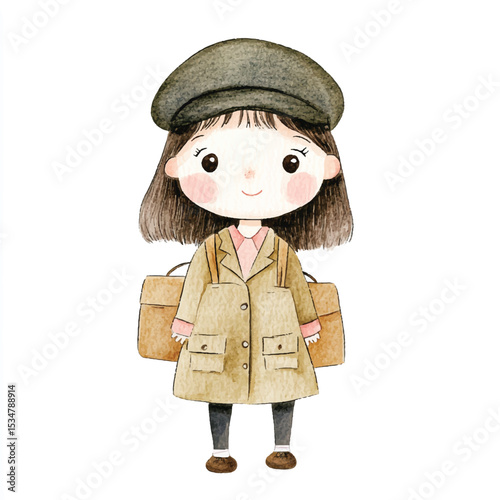 Adorable Watercolor Illustration of a Girl with a Hat and Backpack