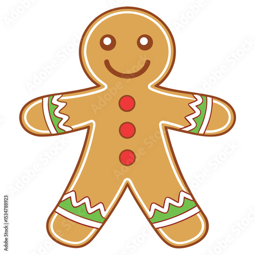 Festive gingerbread man smiling with red buttons and green accents for christmas celebrations