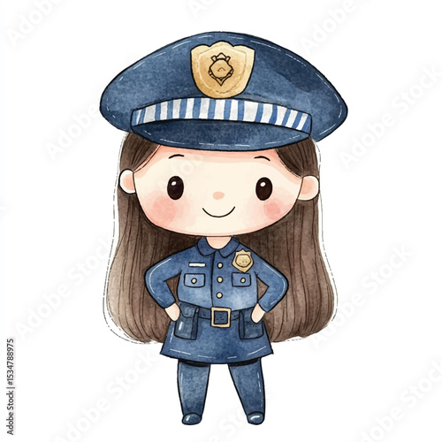 Adorable Watercolor Illustration of a Smiling Female Police Officer