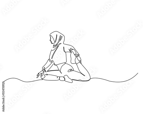 Continuous Line Drawing of a Muslim Woman in Hijab Stretching on The Floor. Minimalist Yoga Pose Illustration Representing Relaxation, Wellness, and Modest Fitness Lifestyle
