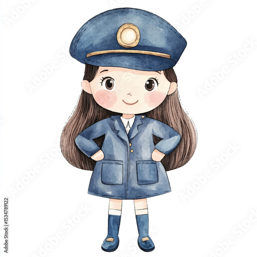 Adorable Watercolor Illustration of a Young Girl in Police Uniform Smiling