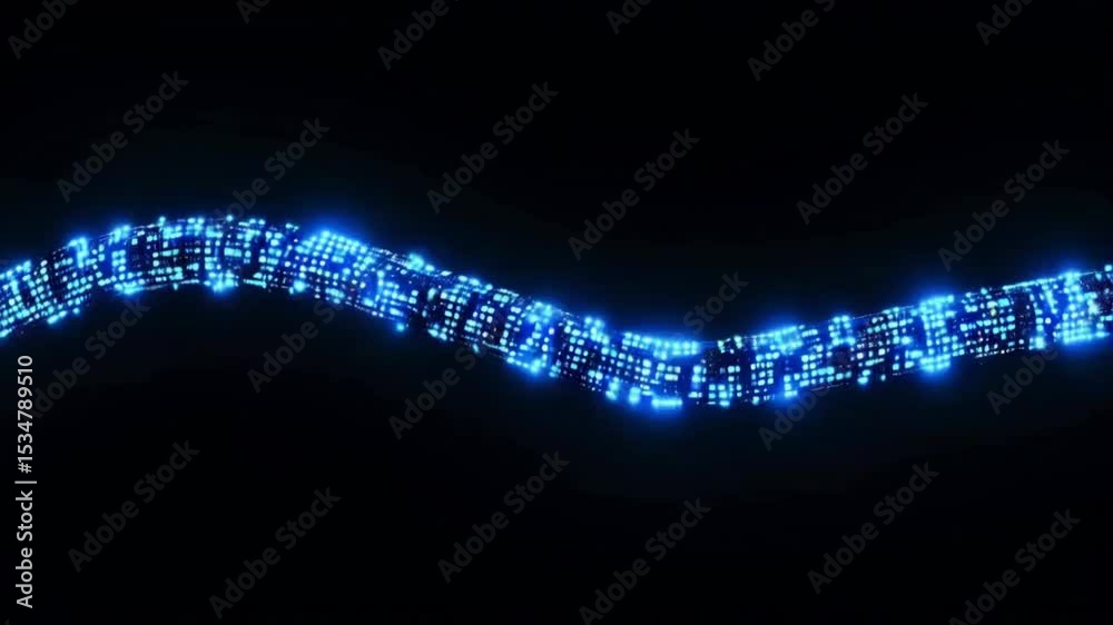 a long digital pipeline shaped by vibrant glowing blue matrix binary code. isolated on black background..