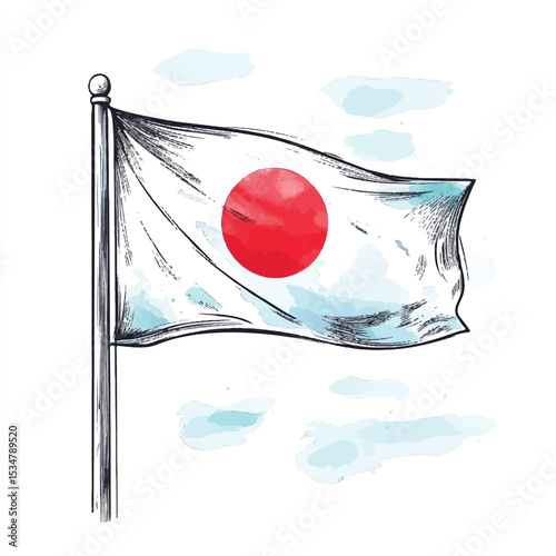 Artistic Illustration of the Japanese Flag with Watercolor Clouds and Ink Details