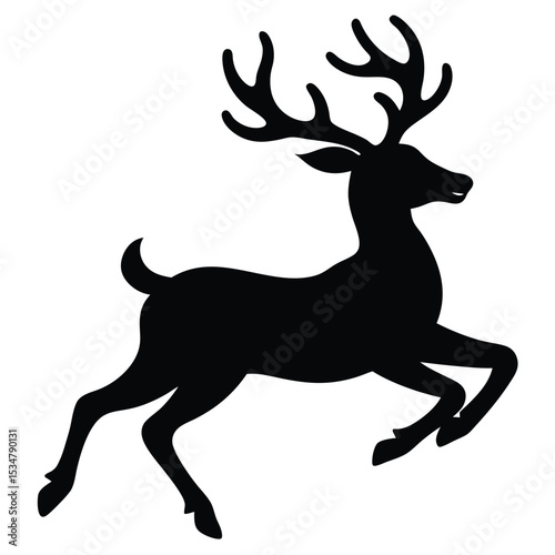 Silhouette of a reindeer leaping gracefully against a clean white background for design use.