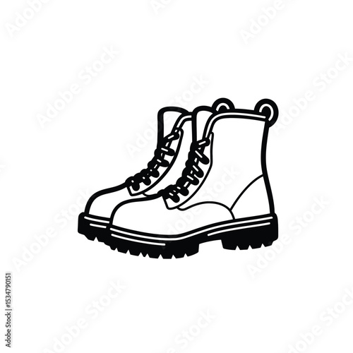Black and White Illustration of Lace Up Boots with Thick Treads on White