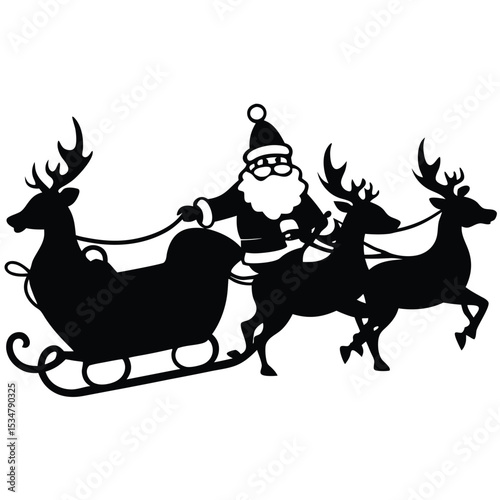 Silhouette of santa claus driving a sleigh pulled by reindeer for christmas season