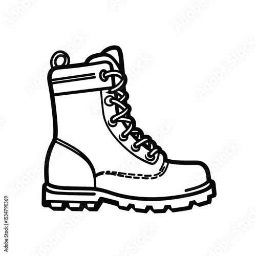 Black and White Illustration of Laced Work Boot with Treaded Sole