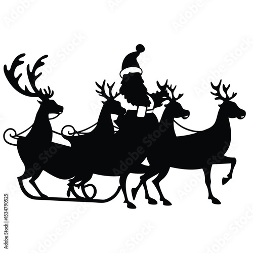 Silhouette of santa claus riding a sleigh pulled by reindeer delivering presents for christmas