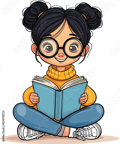 Cute Cartoon Girl Reading a Book with Glasses vector illustration