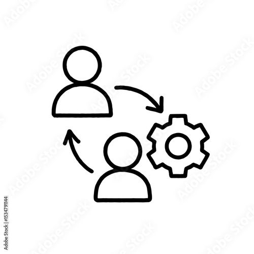 Two users with gear and arrows — represents collaboration and process flow