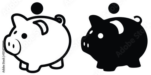 Piggy bank with coin in black and white illustration style