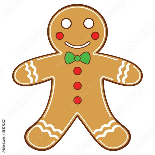 Adorable gingerbread man character wearing a green bow tie for festive christmas celebrations.